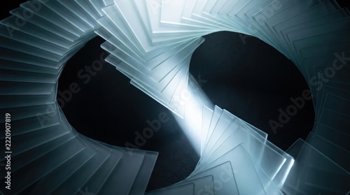 Abstract glowing architectural stairs with futuristic light beams
