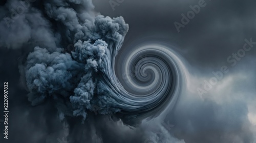 Swirling storm clouds with vortex motion blur in dark blue atmosphere