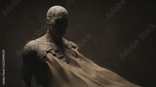 Cracked Stone Statue Head with Dramatic Spotlight