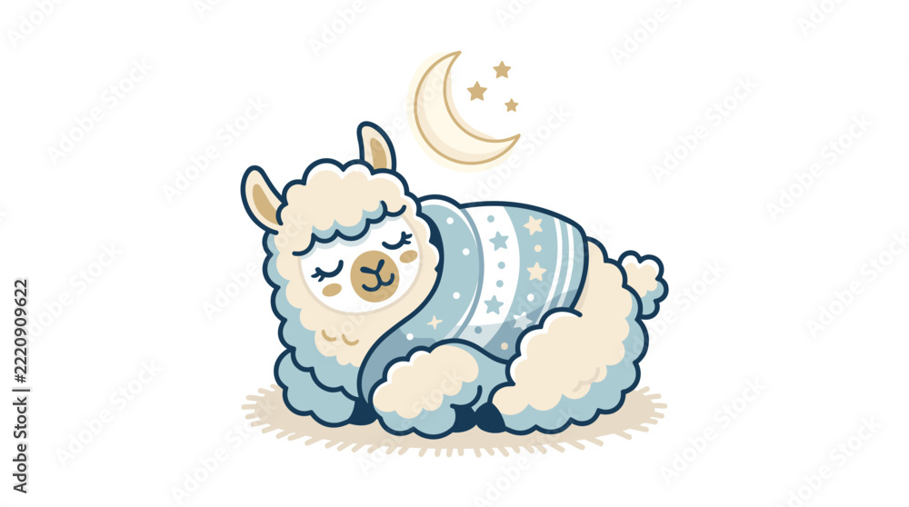 Fototapeta premium Flat vector illustration of a cute white alpaca sleeping peacefully wrapped in a blue starry blanket under a crescent moon and stars, isolated on a white background.