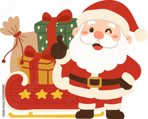 Cute Santa Claus With Sleigh and Gifts Illustration