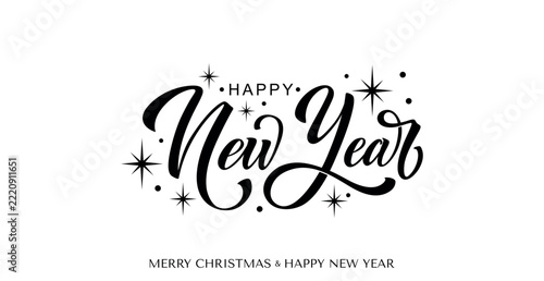 Happy New Year Calligraphy Lettering with Decorative Stars and Elegant Festive Script