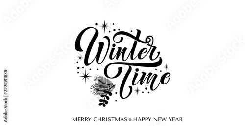 Winter Time Calligraphy Lettering with Evergreen Branches and Decorative Stars