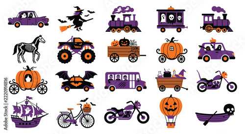 Halloween themed transportation vehicles clipart with pumpkins bats