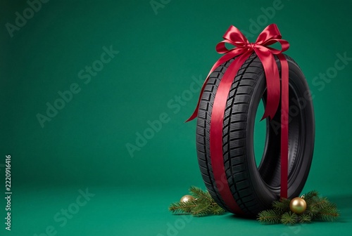 Winter tire wrapped in red ribbon as christmas gift