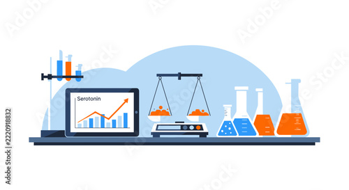 Serotonin Research Science Lab Illustration with Data Chart and Glassware