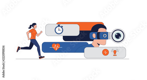 Sports Technology and Fitness Tracking Concept Illustration with Woman Running and VR Data Analysis