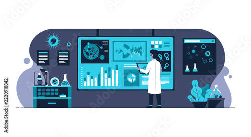 Scientist analyzing virus data and medical research on a digital laboratory dashboard illustration.