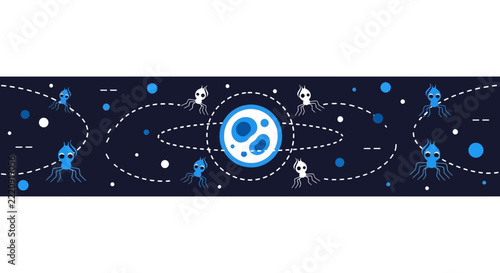 Abstract Sci-Fi Space Illustration with Stylized Alien Organisms Orbiting a Blue Cell Planet on Dark Background