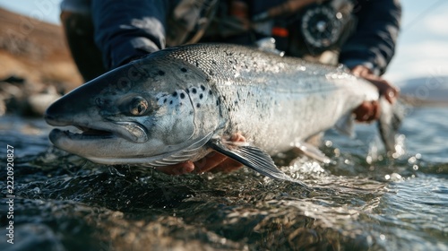 Close-up of large wild fish caught by angler hands in shallow river water during outdoor fishing activity in nature