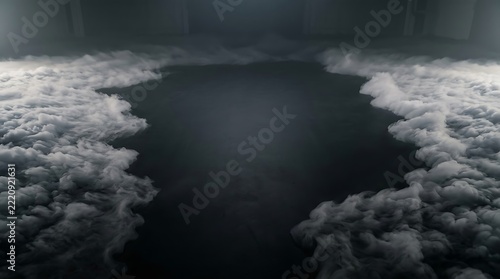 Thick white smoke clouds rolling across dark smooth floor creating ethereal atmosphere for creative digital compositing backgrounds.