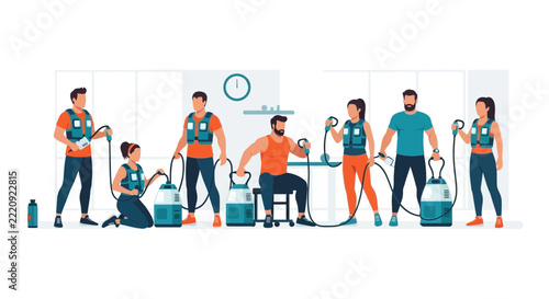 EMS Training Group Workout Illustration with People in Electrical Muscle Stimulation Suits in Gym