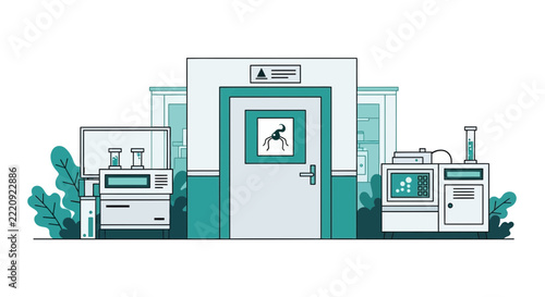 Modern Laboratory Interior with Scientific Equipment and Virus Research Entrance Vector Illustration