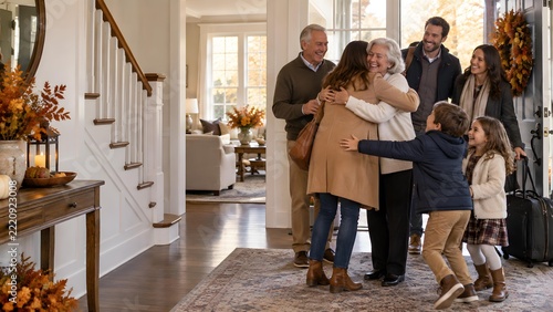 Multigenerational Family Warm Hug Reunion at Home Doorway Commercial Stock Photo for Thanksgiving Holiday Living Banner Background