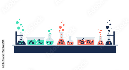 Flat Vector Illustration of Lab Glassware with Bubbling Chemicals and Microorganisms for Science Research