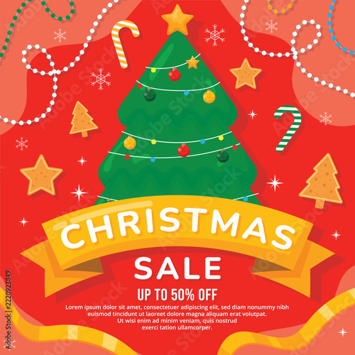 Christmas Sale Banner with Decorated Pine Tree and Festive Ornaments for Holiday Seasonal Promotional Advertising
