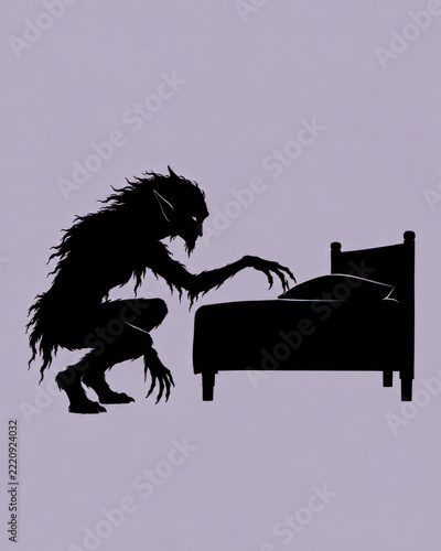 Gothic Shadows in Silhouette — Alp, German Nightmare Spirit Crouching Beside an Empty Bed, Gothic Halloween Illustration