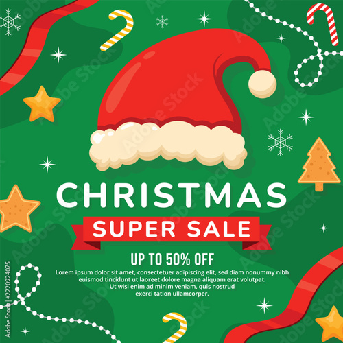 Christmas Super Sale Banner with Santa Hat and Festive Decorations on Green Background