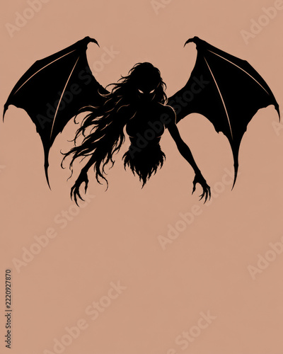 Gothic Shadows in Silhouette — Manananggal, Flying Female Creature from Philippine Folklore with Enormous Bat-Like Wings