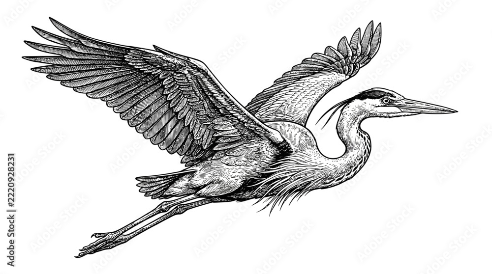 Naklejka premium Vintage hand drawn flying heron illustration, detailed bird engraving line art, monochrome crane in flight vector graphics for logo design
