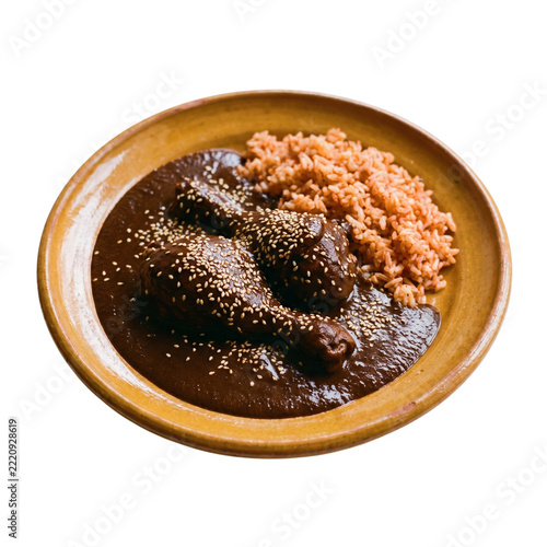 Delicious traditional Mexican chicken mole dish with red rice on transparent background