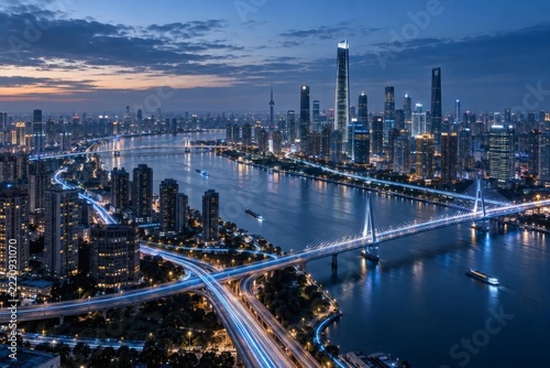 Interconnected Modern Metropolis with Illuminated Bridges and Skyscrapers at Blue Hour