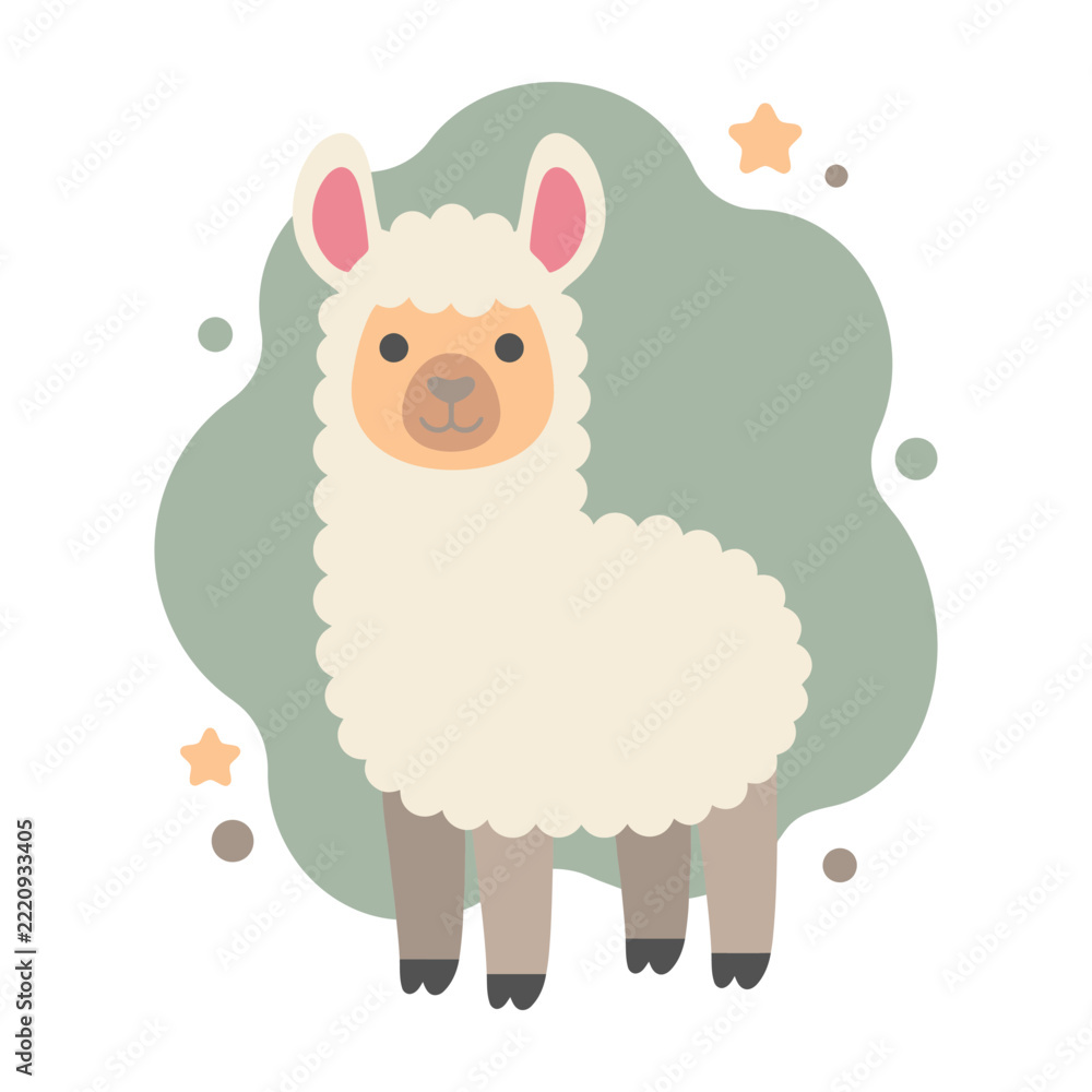 Fototapeta premium Cute fluffy white llama character illustration with stars on green background for nursery decor