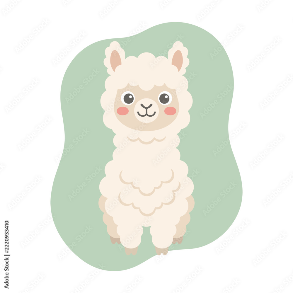 Fototapeta premium Cute fluffy white alpaca illustration on a light green background in kawaii cartoon style