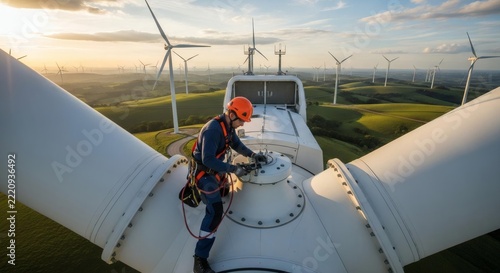 Wind Turbine Maintenance Technician Working Above Renewable Energy Farm at Sunset