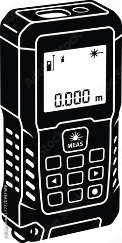 Laser distance measure tool silhouette vector icon featuring a black handheld electronic measuring device illustration isolated on a white background for construction and DIY projects