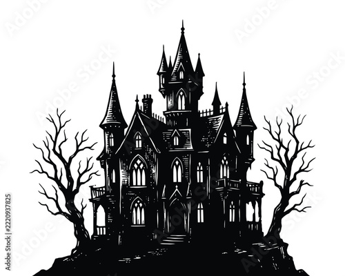 Spooky halloween castle with bare trees a dark and mysterious silhouette for festive celebrations
