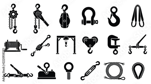 Lifting equipment icon set featuring black vector illustrations of chain blocks, lever hoists, pulleys, shackles, hooks, straps, winches, gantry cranes, clamps, and rigging hardware isolated