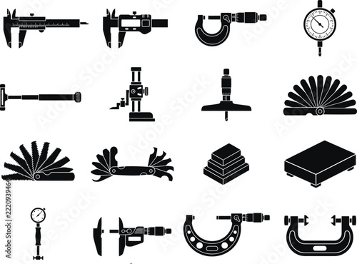 Measurement tool icon set featuring black vector illustrations of calipers, micrometers, dial indicators, feeler gauges, height gauges, and precision inspection instruments isolated on a whi