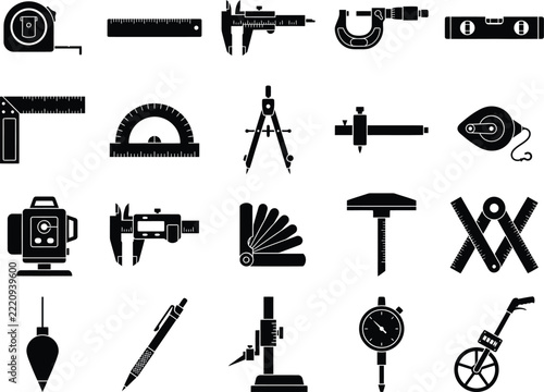 Measuring tools vector icon set featuring black silhouettes of tape measures, rulers, calipers, micrometers, spirit levels, protractors, compasses, squares, and engineering instruments