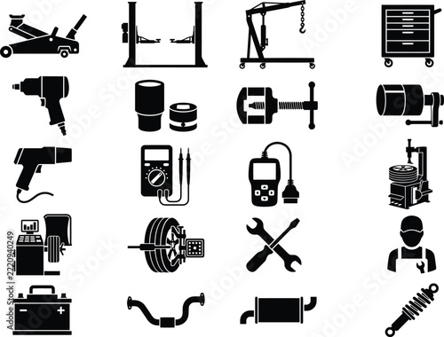 Mechanic tools vector icon set featuring black silhouettes of automotive repair equipment, garage hardware, diagnostic devices, and machinery parts isolated on a white background