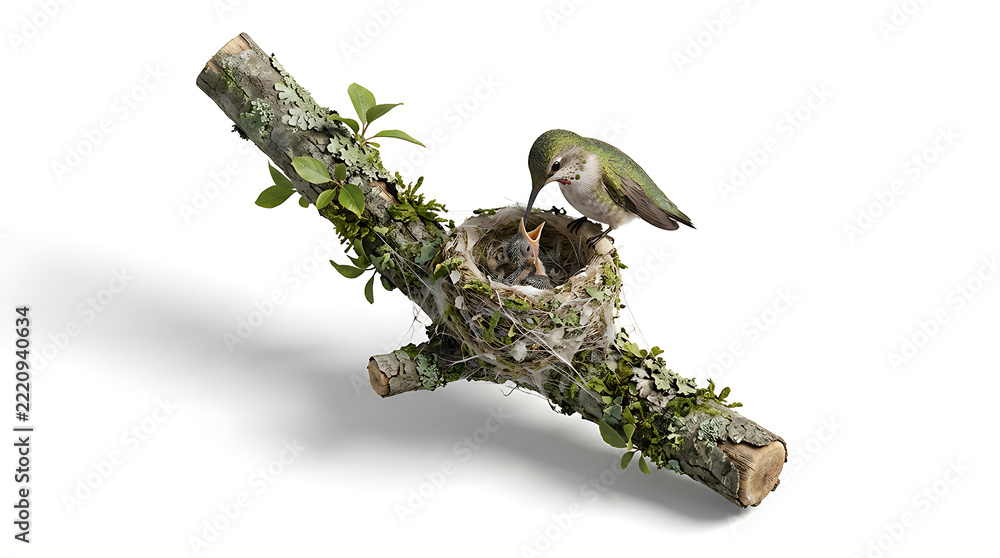 Fototapeta premium Female hummingbird with muted green feathers tends to open mouthed baby bird in soft nest on mossy tree branch.