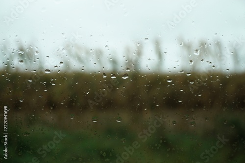 Abstrakte Herbstlandschaft mit Regentropfenmuster vor braunem Ackerfeld und Baumreihe vor grau-blauem Himmel auf dem Land bei Rege, Sturm und Kälte am Morgen im Herbst
