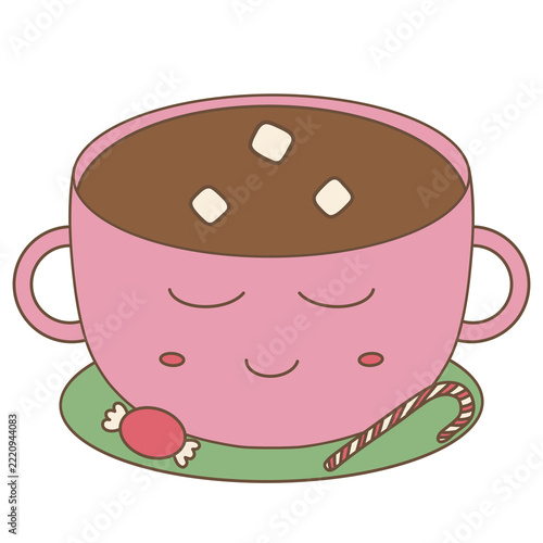 Pink Hot Chocolate Mug with Marshmallows and Candy Cane