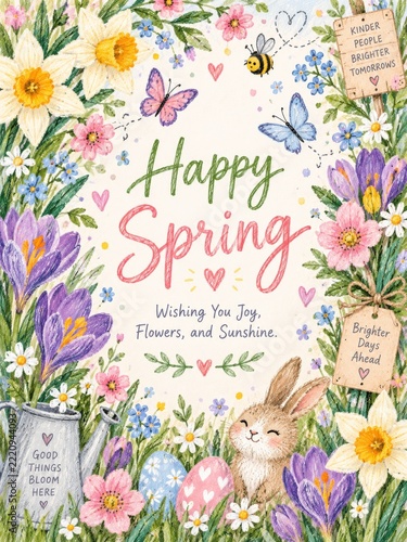 Spring Greeting Card With Flowers, a Bunny, and Colorful Eggs