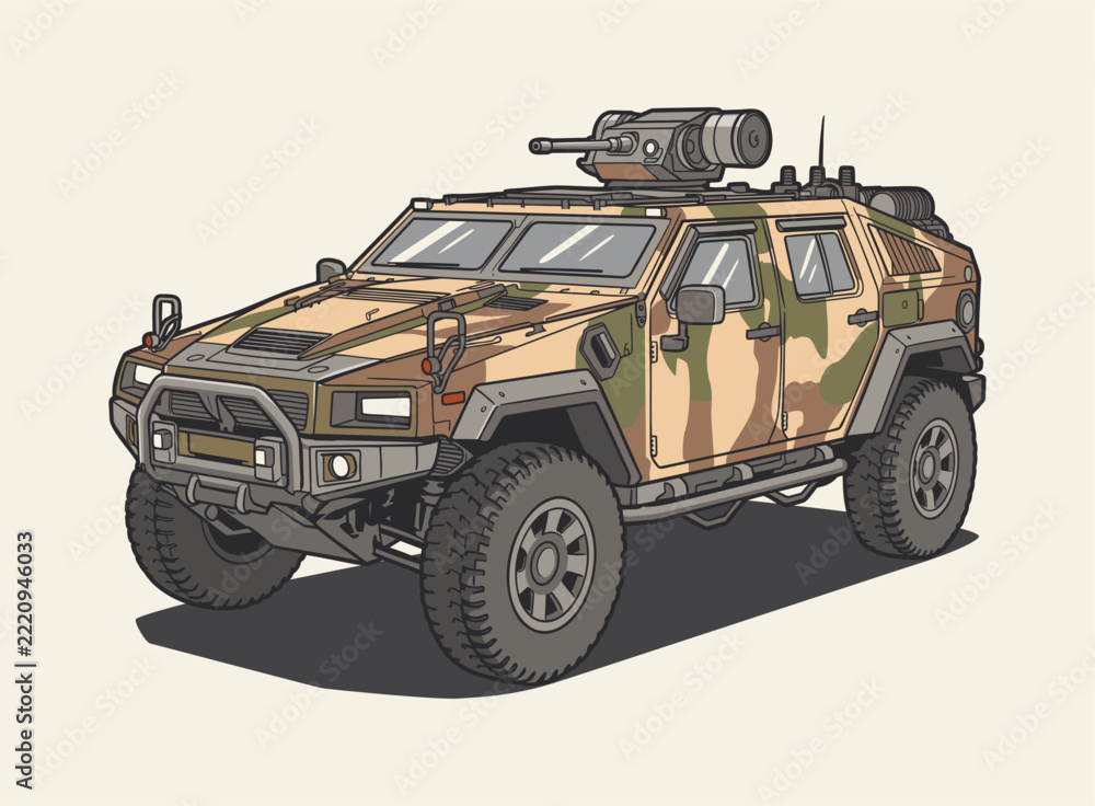 Fototapeta premium Illustration Camouflage Armored Military Vehicle Offroad Truck Clip Art Graphic