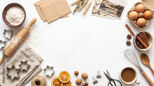 Top View Rustic Holiday Baking Flatlay with Rolling Pin Flour Spices and Cookie Cutters on White Background with Copy Space