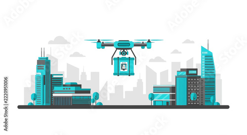 Modern Flat Vector Illustration of a Delivery Drone Carrying a Package Over an Urban City Skyline