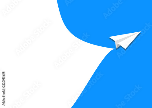 Paper airplane flying with trail line on blue background for business leadership and startup concept