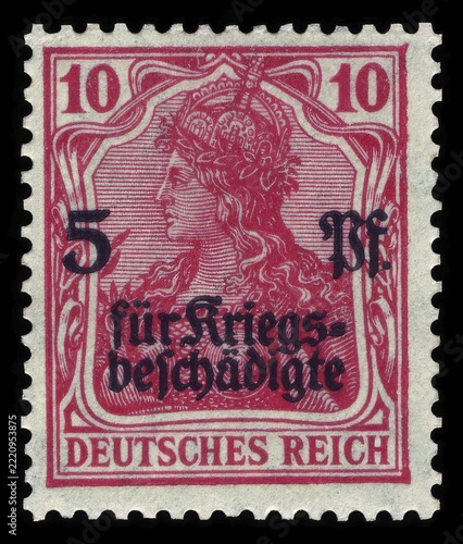 Stamp vintage 1919 of the German Reichspost, For the war-affected, surcharge stamp Germania with overprint, 10 + 5 Pfennig, Historic, digitally restored reproduction