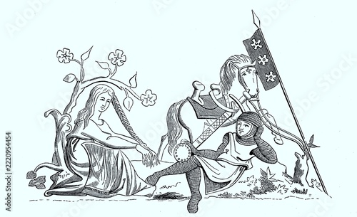 Beautiful young woman in knightly garb, time of the Crusades, 1300, digital improved reproduction of an original print from 1880