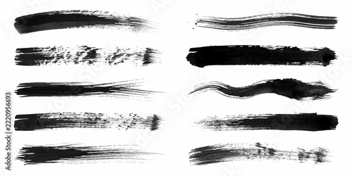 Set of dynamic black ink brush strokes and wavy lines on white surface with stroke paint background isolated abstract creative collection