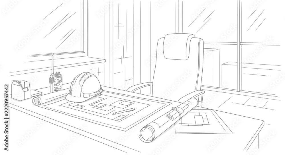 Fototapeta premium A desk in an office setting displays architectural blueprints, a hard hat, and a radio, suggesting a project planning or construction management environment.