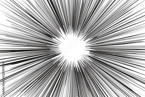 Black and white manga speed lines background, comic book action lines, radial burst explosion effect for comic strips and anime illustrations