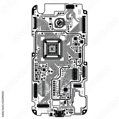 Circuit board schematic with integrated components on a white background