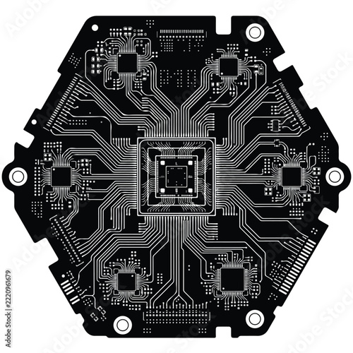 Octagonal circuit board with white traces on a black background